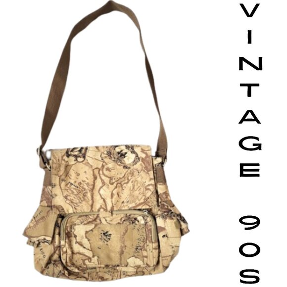 PRESTON & YORK Vintage 90's Brown & Tan Map Army Messenger Travel Tote Bag - Picture 1 of 9